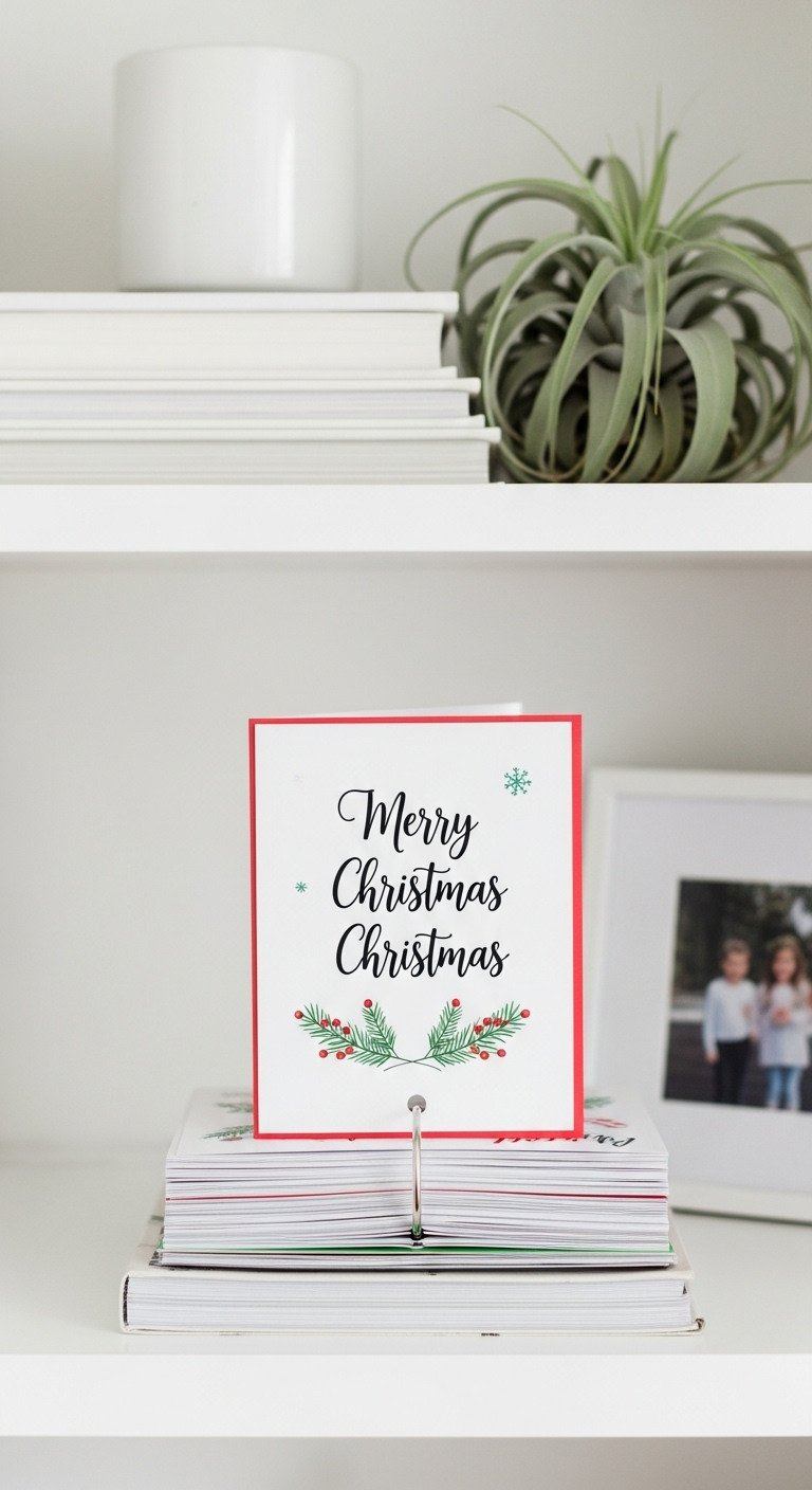 A stack of holiday cards on a binder ring, creating a DIY keepsake book, rests on a clean white shelf with plants.