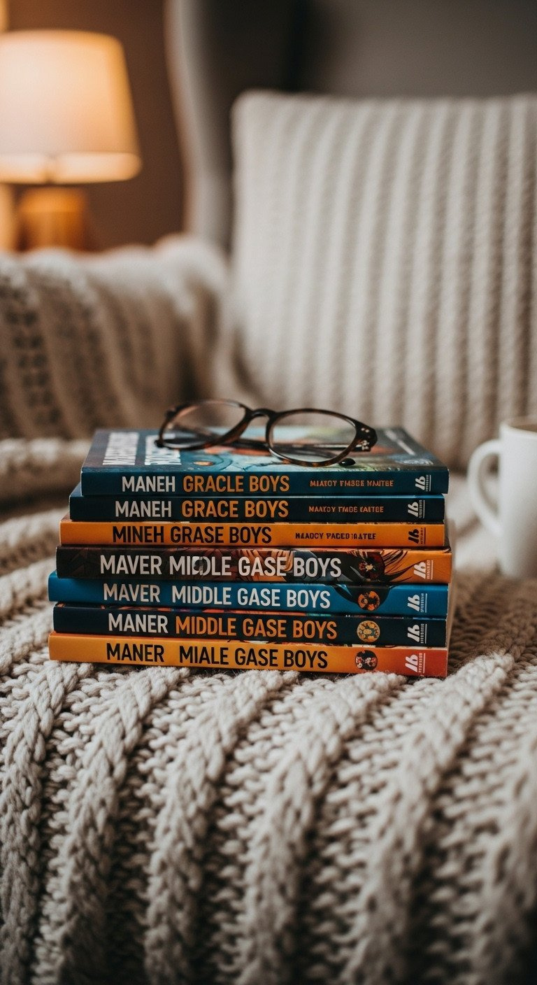 A stack of illustrated graphic novels for boys on a cozy knit blanket with reading glasses resting on top in warm light.