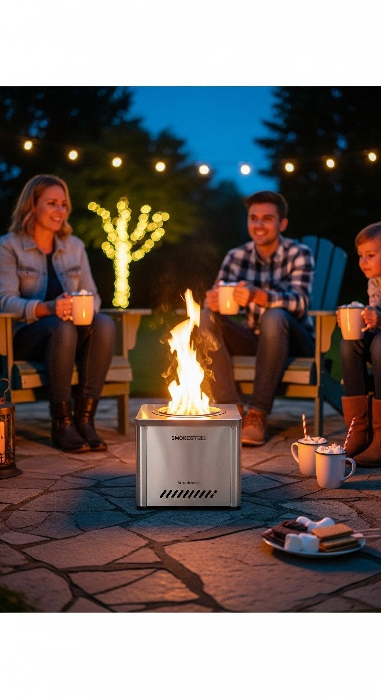 A stainless steel smokeless portable fire pit with a bright flame creates a cozy ambiance on a backyard patio at dusk.