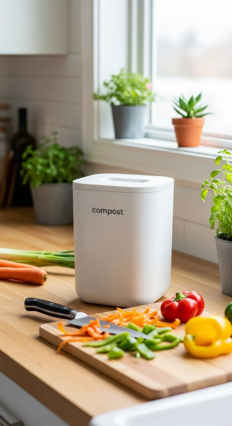 A stylish matte white countertop compost bin for kitchens, shown on a butcher block with fresh vegetable scraps.