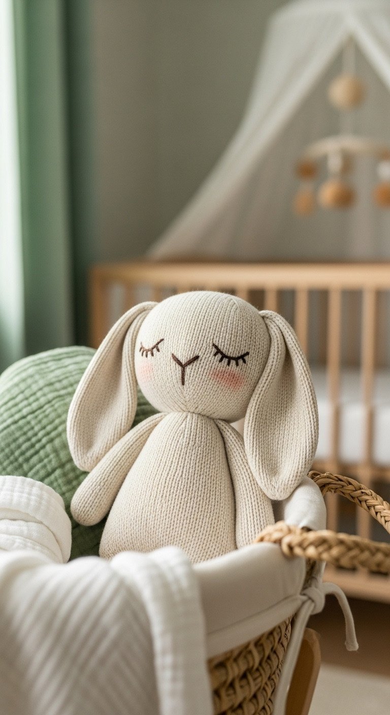 A sweet hand-knit stuffed bunny toy with long floppy ears and embroidered eyes, sitting in a woven Moses basket.