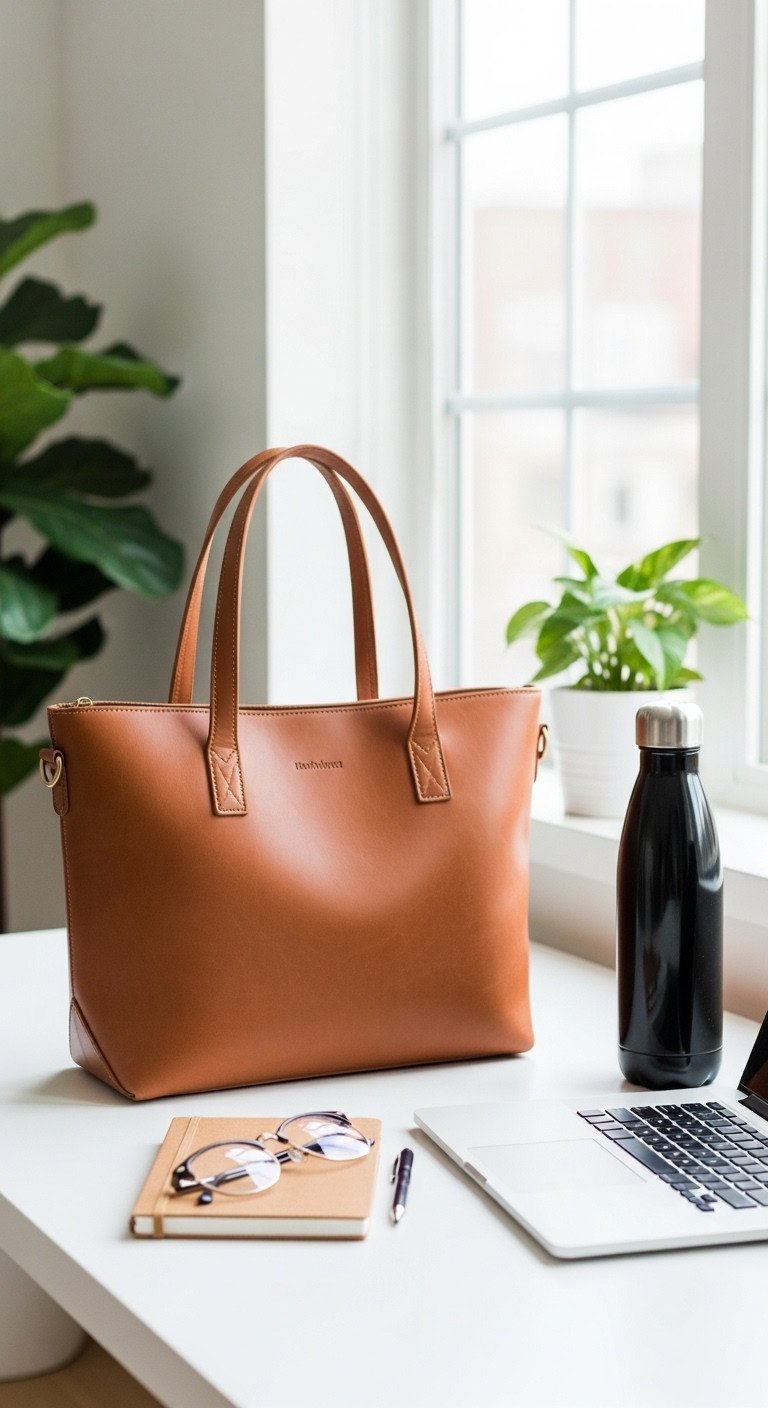 A tan leather work tote bag on a stylish white home office desk with a laptop, smart notebook, and chic accessories.