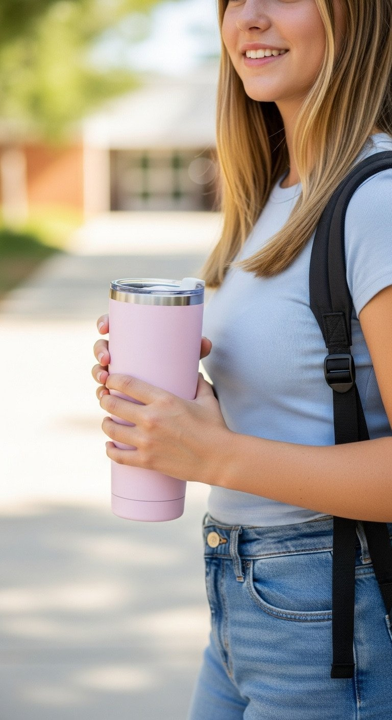 A teen girl holds a large, stylish soft pink insulated water tumbler with a straw, standing in a blurred school hallway.