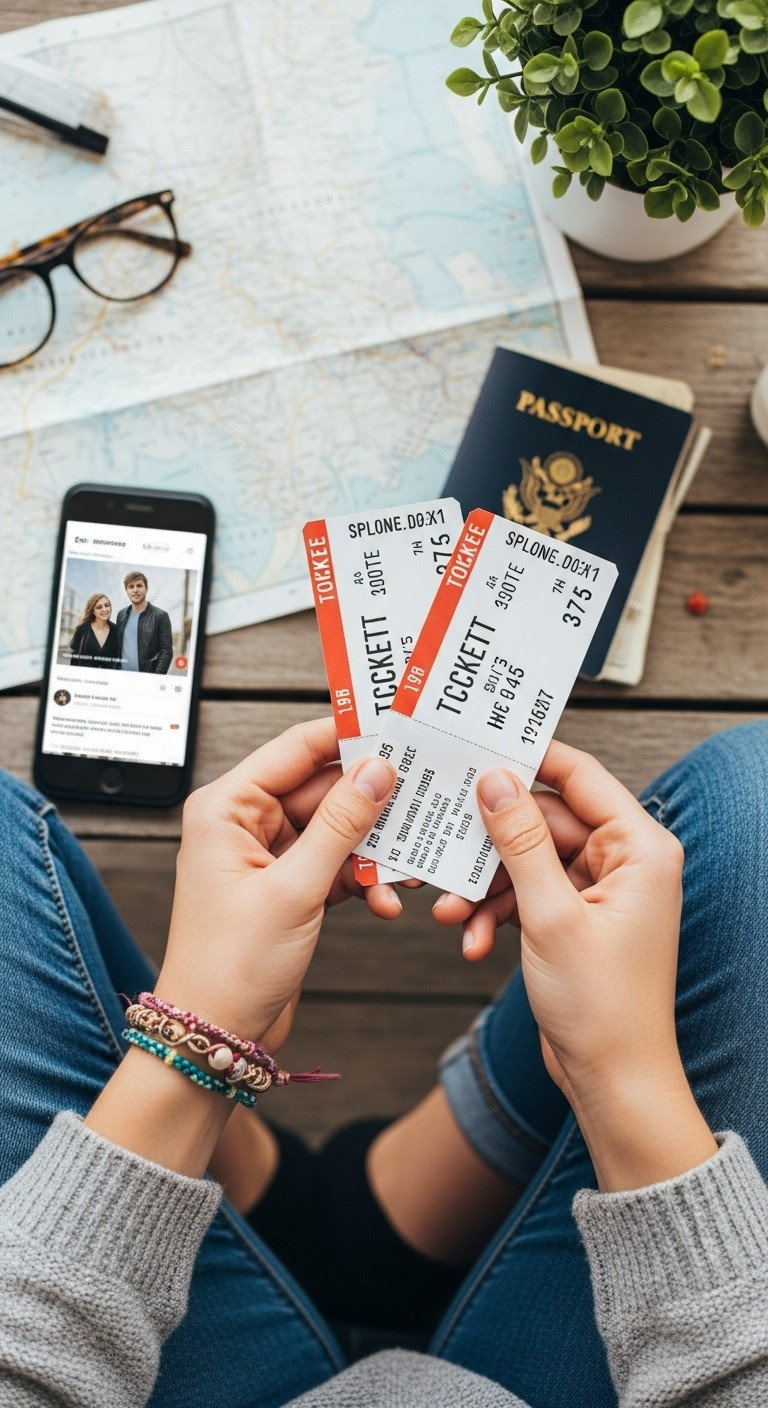 A teen's hands with a friendship bracelet hold concert tickets in a flat lay over a wooden table with a map and smartphone.