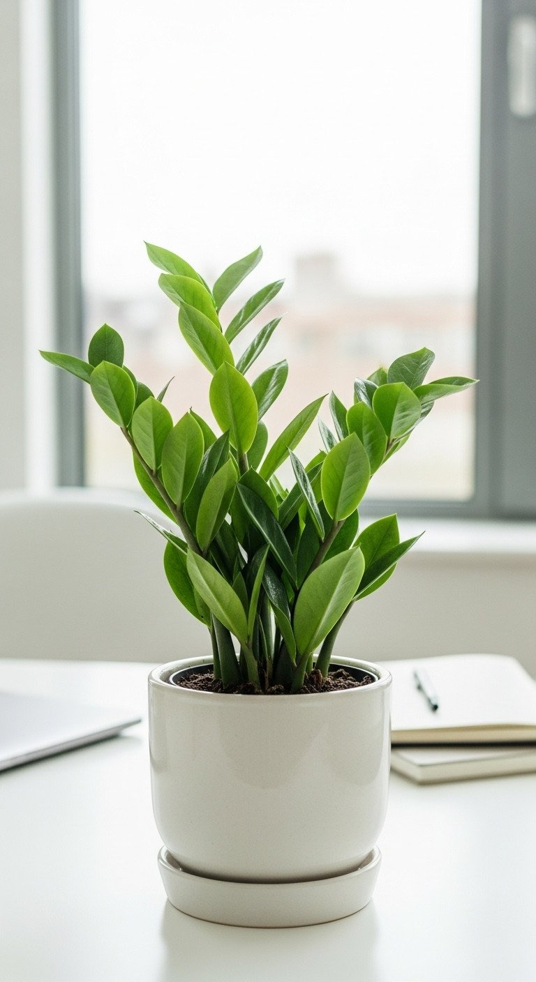 A vibrant green snake plant in a minimalist ceramic pot on a clean white desk next to a laptop in a modern home office.