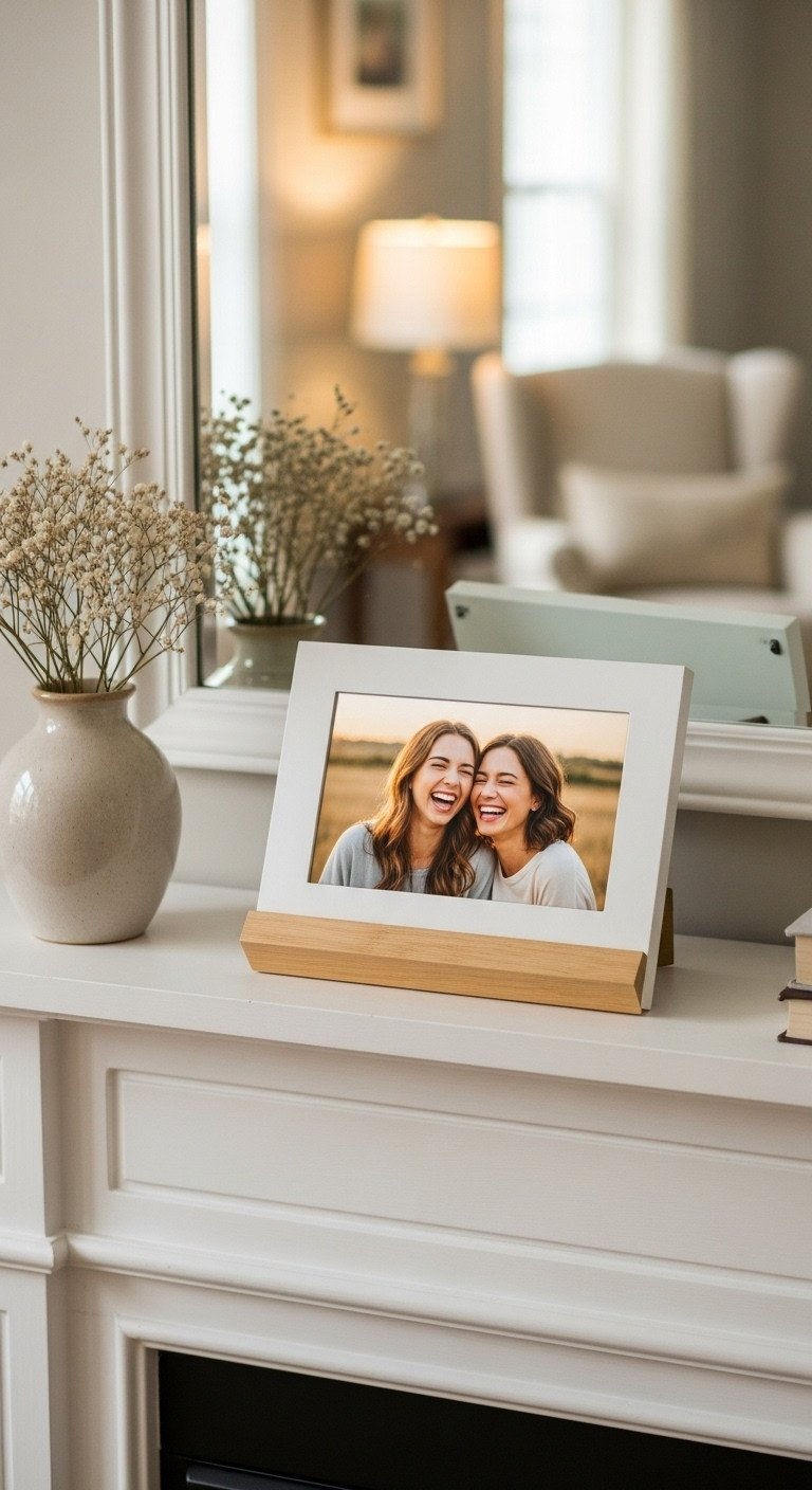 A white digital photo frame with a wood stand on a mantelpiece displays a happy photo of two sisters in a cozy home.