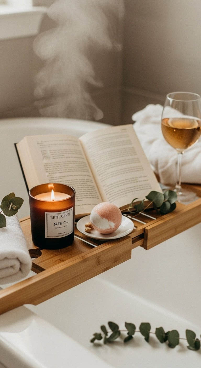 A wooden bath tray with a lit candle, book, and bath oil creating a relaxing, serene self-care spa experience at home.