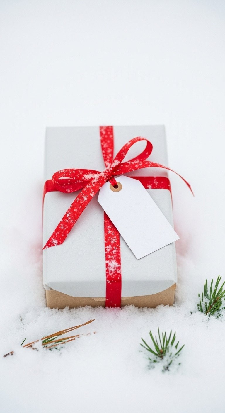 A wrapped Christmas gift in brown paper with a blank tag and red ribbon rests in a bed of clean, fresh white snow.
