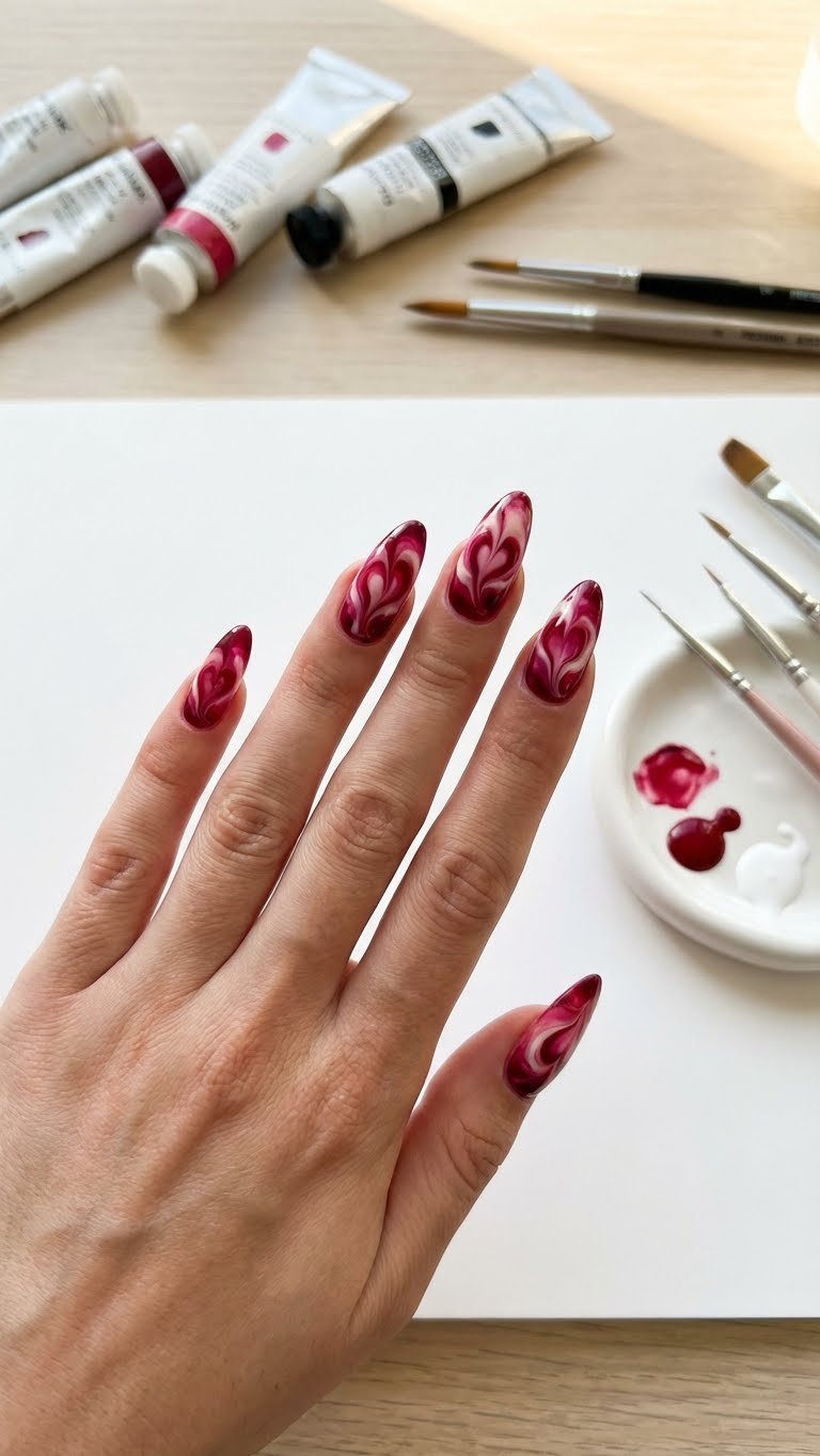 Abstract blooming gel nail art featuring deep red, magenta, white marbled hearts on a clean white table with art supplies.