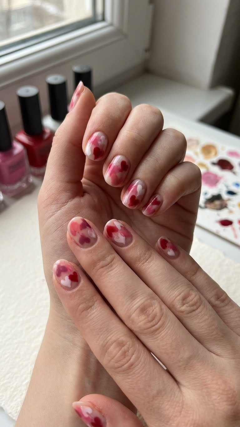 Abstract heart nails with dabbing method, irregular pink and red shapes. Expressive design, polish bottles on paper.