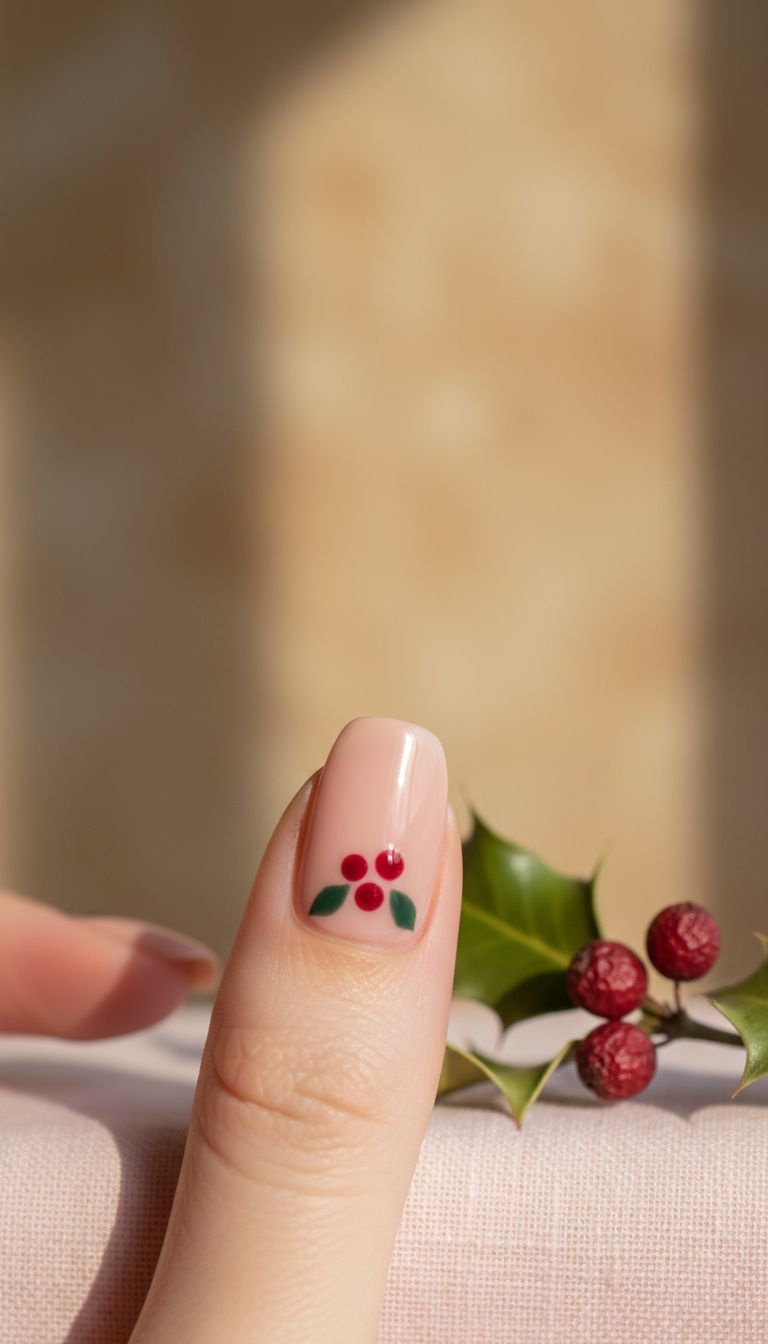Abstract holly berry dot cluster nail art: crimson red berries, dark green leaves on pale pink nude nail.