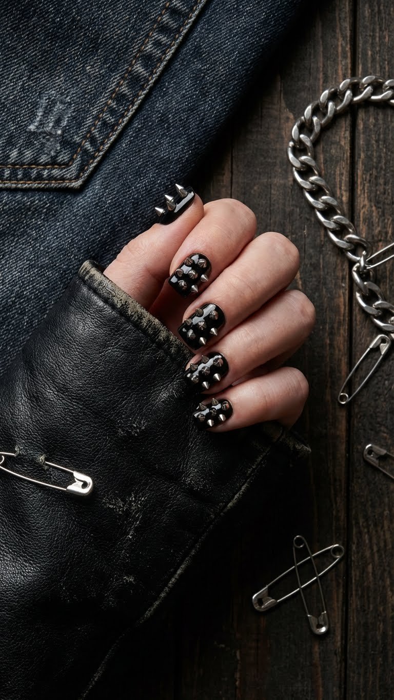 Aggressive punk rock nails: glossy black square nails with metallic silver spikes & cone studs. Edgy studded aesthetic.