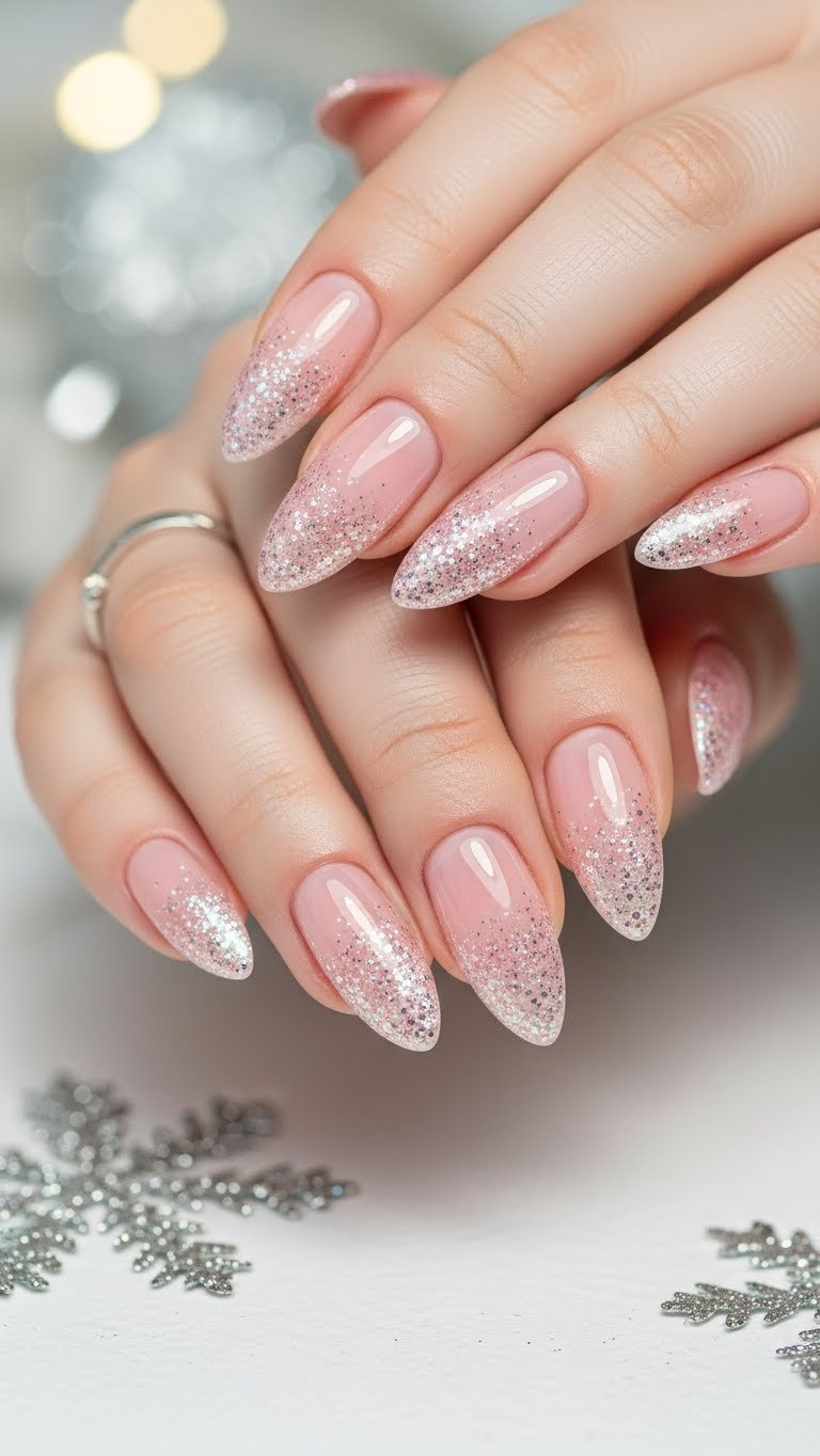 Almond glitter ombré French tips with fine shimmering glitter fading into sheer pink. Glamorous, sophisticated nail art.