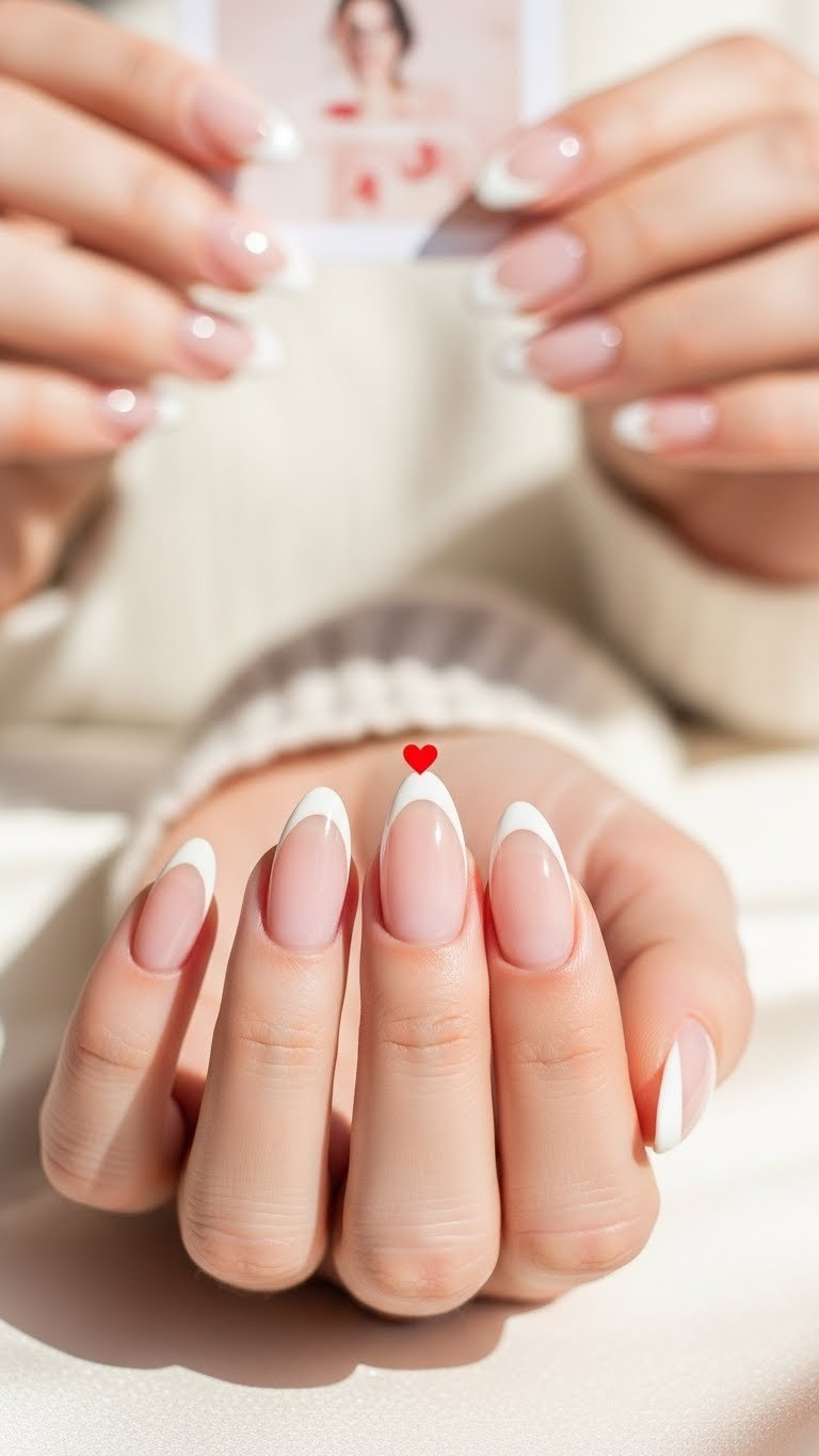 Almond nails with minimalist white French tips and a delicate floating red heart. Cozy, elegant nail art on cream silk.