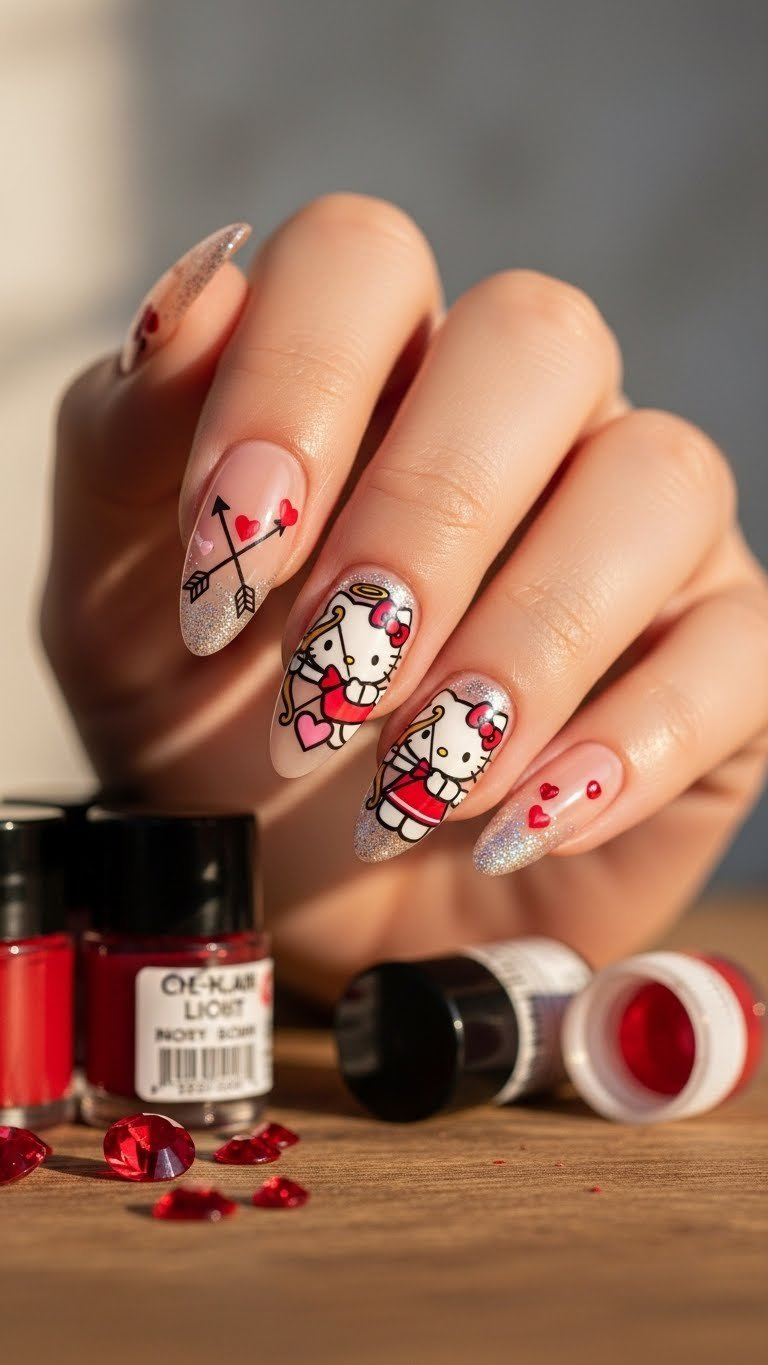 Almond nude Hello Kitty Cupid Valentine nails with hand-painted design, glitter arrows, pink heart, red rhinestones, rustic.