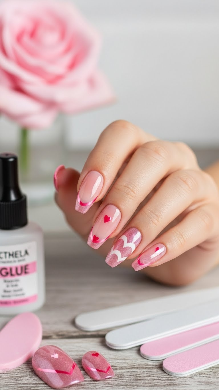 Almond press-on magnetic pink cat eye nails with high shine on rustic wood, with nail glue and files for DIY manicure.