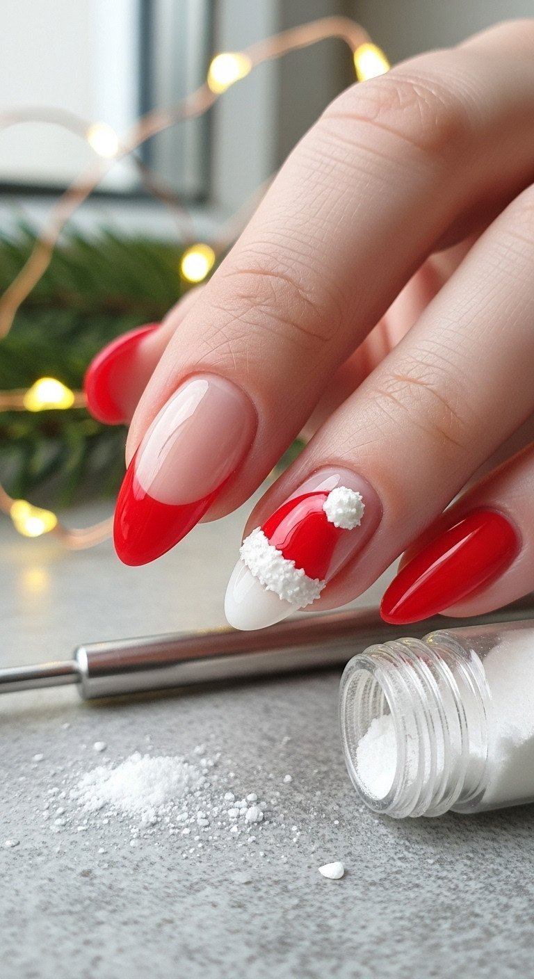Almond-shaped nail with perfect French tip Santa Hat design, vibrant red, fluffy white trim, and pom-pom detail.