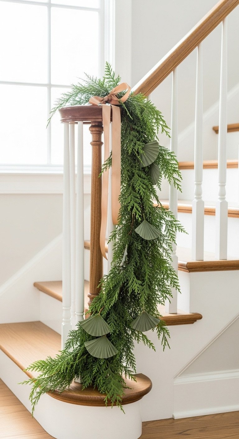 An elegant Cedar garland with wide champagne silk ribbons gracefully draped down a white wooden staircase banister in a bright home.