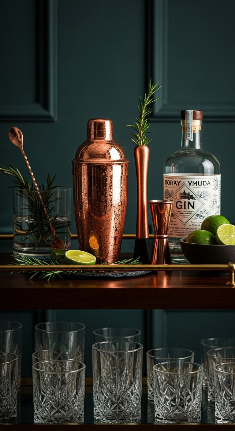 An elegant copper cocktail shaker set with gin and limes is arranged on a dark wood bar cart for sophisticated home mixing.