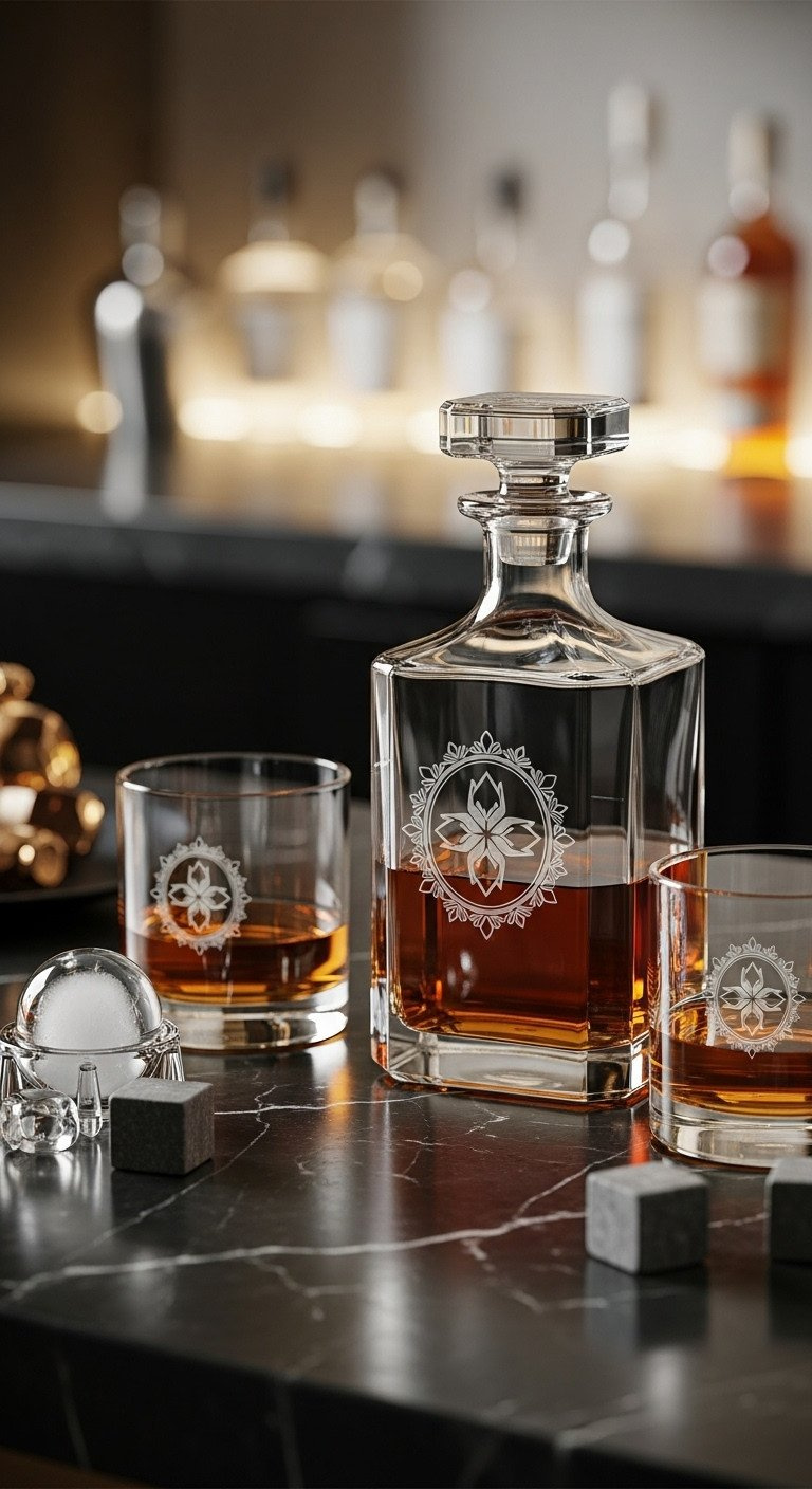 An elegant custom-engraved glass whiskey decanter and matching glasses sit on a dark marble countertop in a sophisticated home bar.