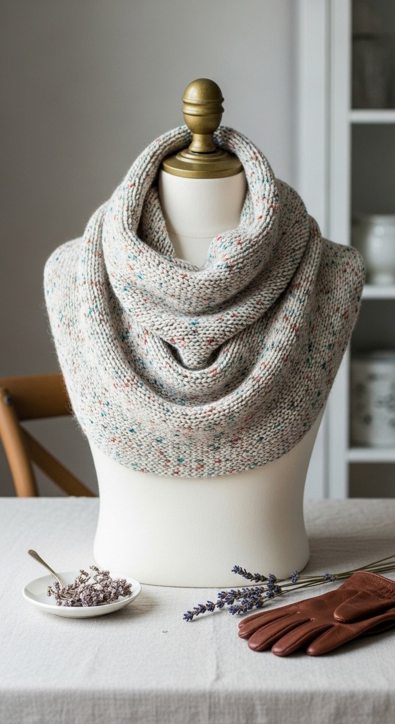 An elegant hand-knit cowl in speckled cream, teal, and rust merino wool, draped artfully next to a sprig of lavender.