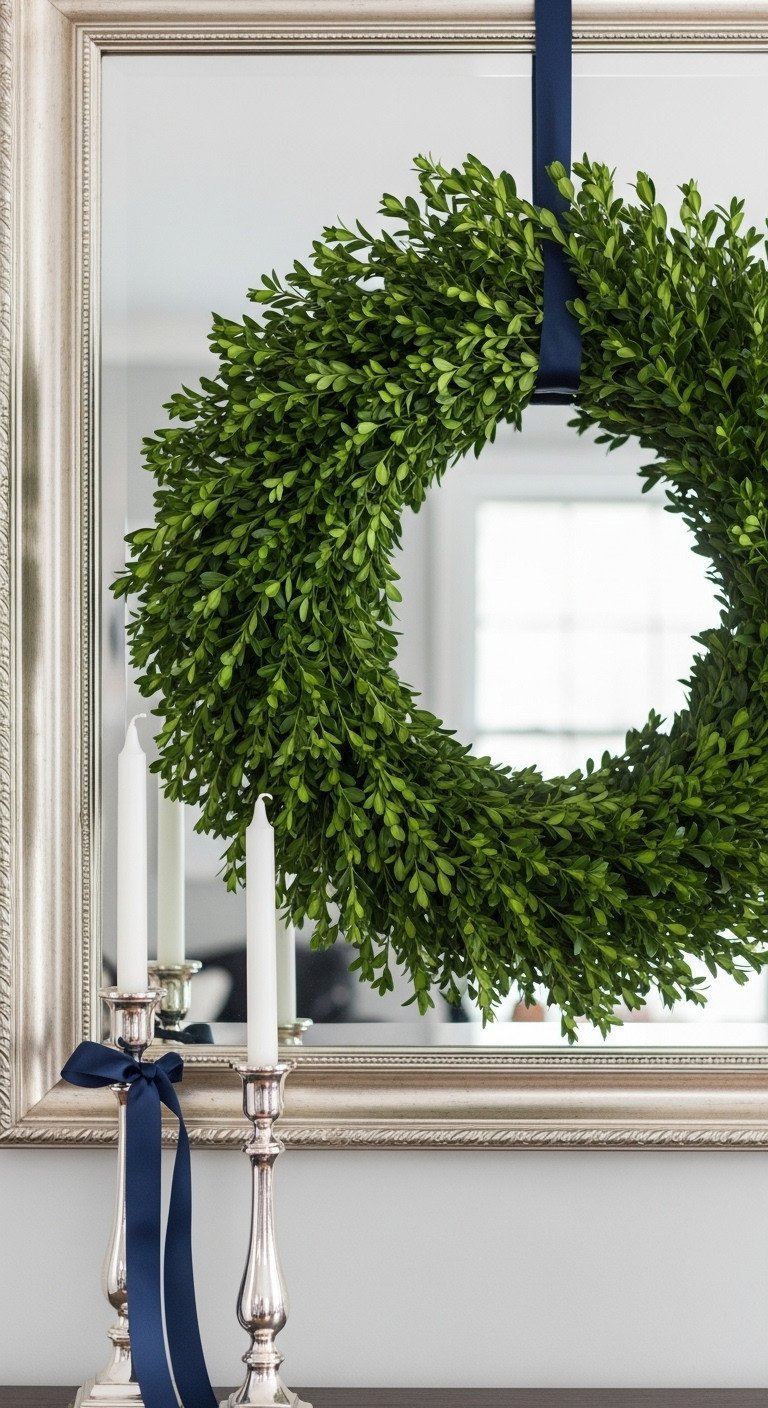 An elegant preserved Boxwood wreath with a simple navy silk ribbon hanging on an ornate silver mirror above a console table.