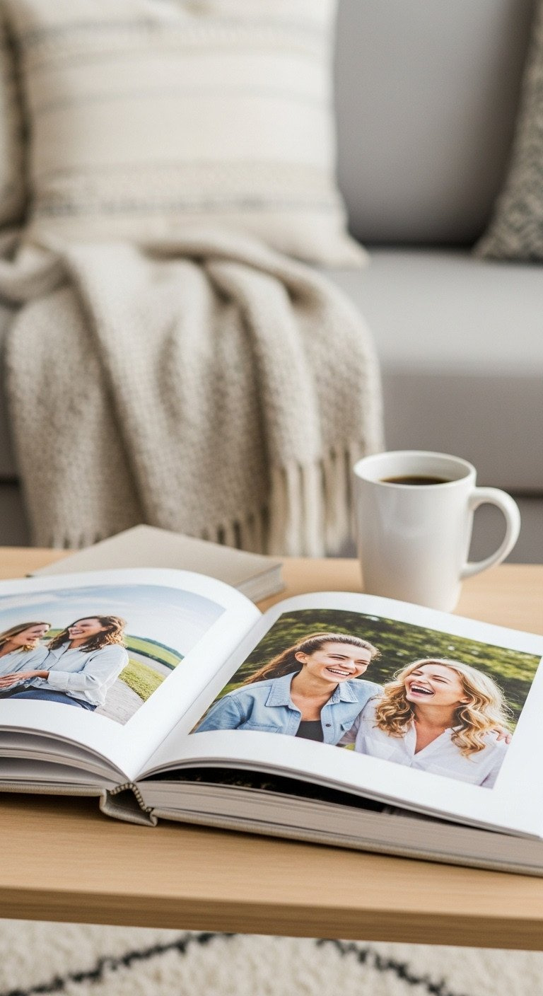 An open linen photo album with candid photos of friends sits on a wood coffee table next to a steaming mug of coffee.