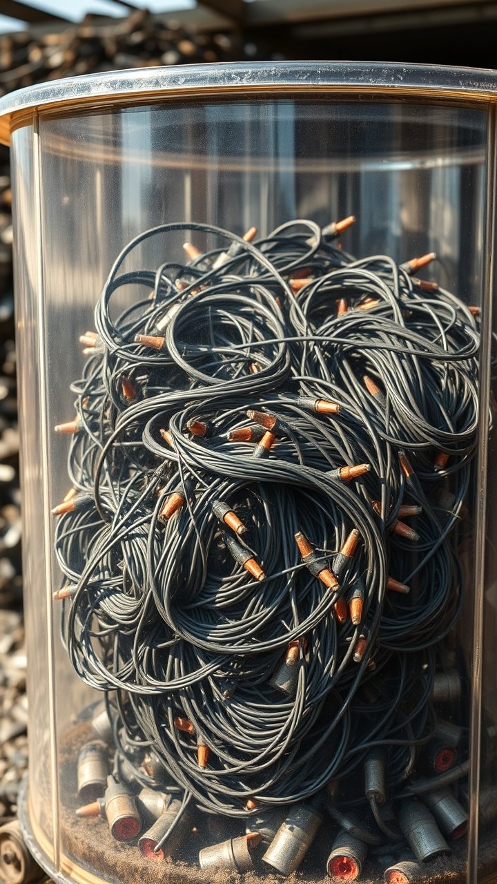 An organized e-waste drop-off area at a recycling center, with large bins for electronics, wires, and cables.