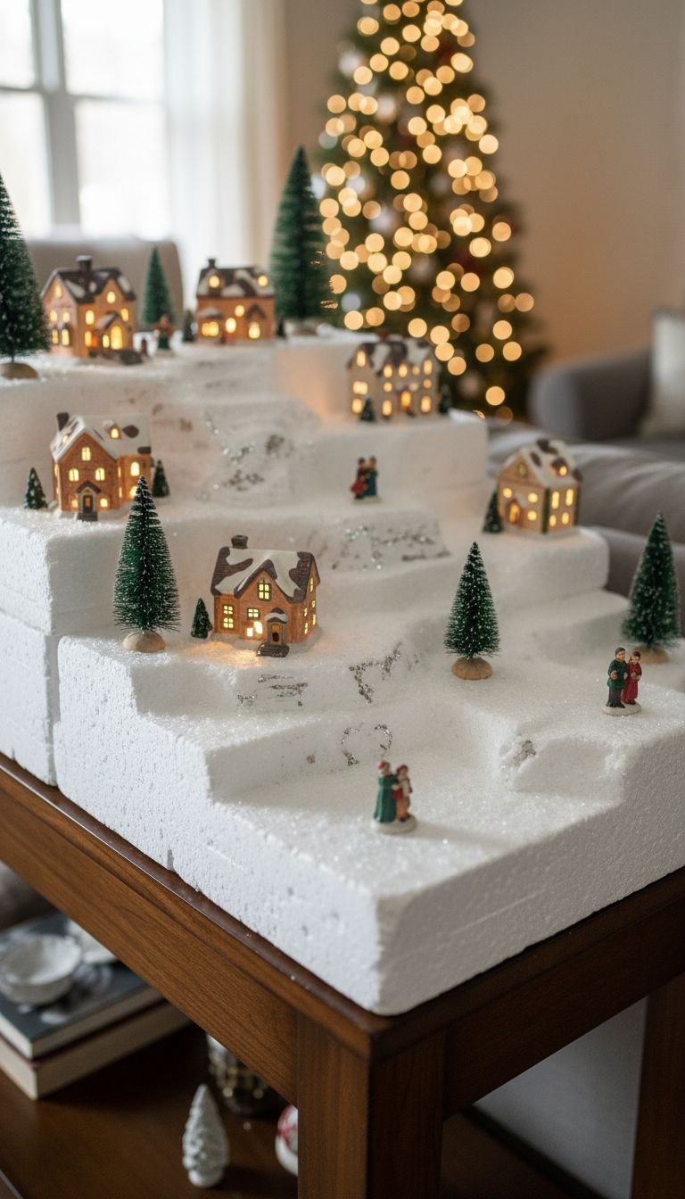 An un-decorated, pre-made molded display platform with built-in hills and steps for a Christmas village landscape.