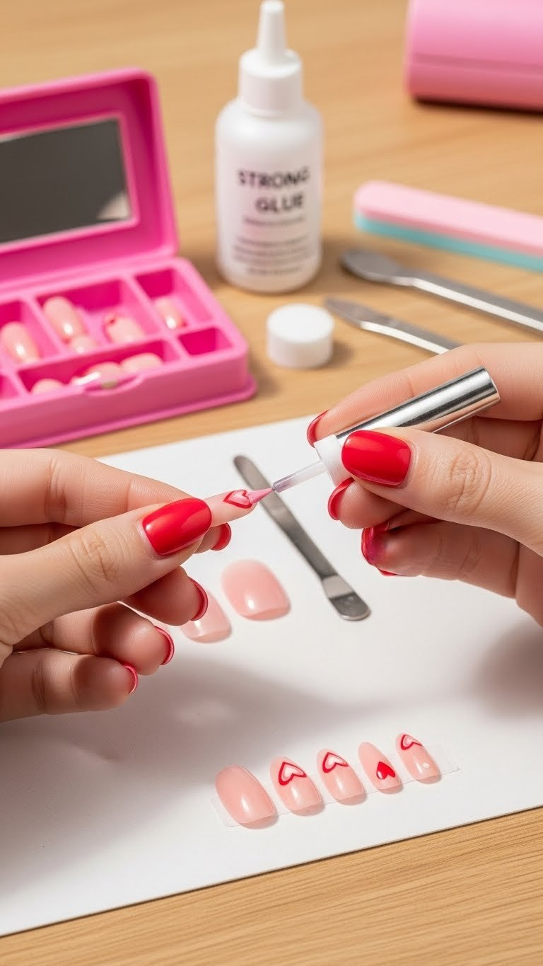Applying decorative almond press-on nails with red and pink heart design. DIY manicure at a wooden desk with tools.
