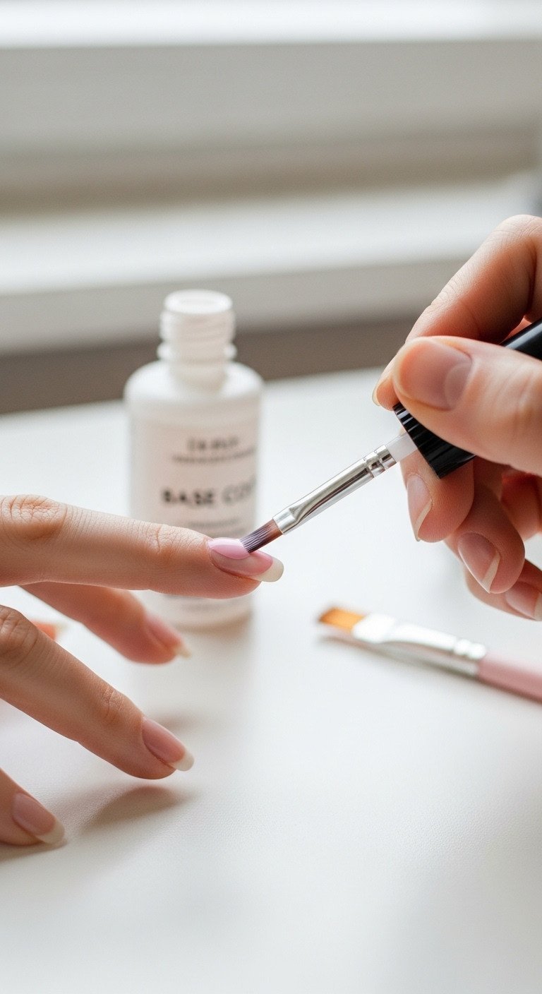 Applying thin rubber base coat gel on nail, brush floating product, clean cuticle margin. Professional gel manicure technique.