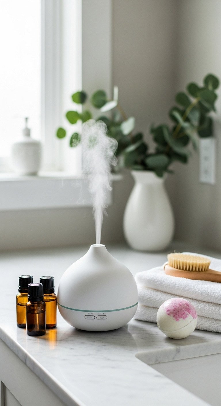 Aromatherapy oil diffuser emitting mist on a marble countertop in a serene bathroom with essential oils and folded towels.