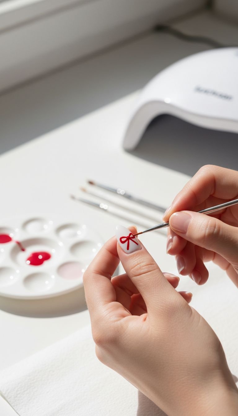 Artist uses a fine striping brush to paint a symmetrical red flat bow on a white almond nail. Gel nail art.