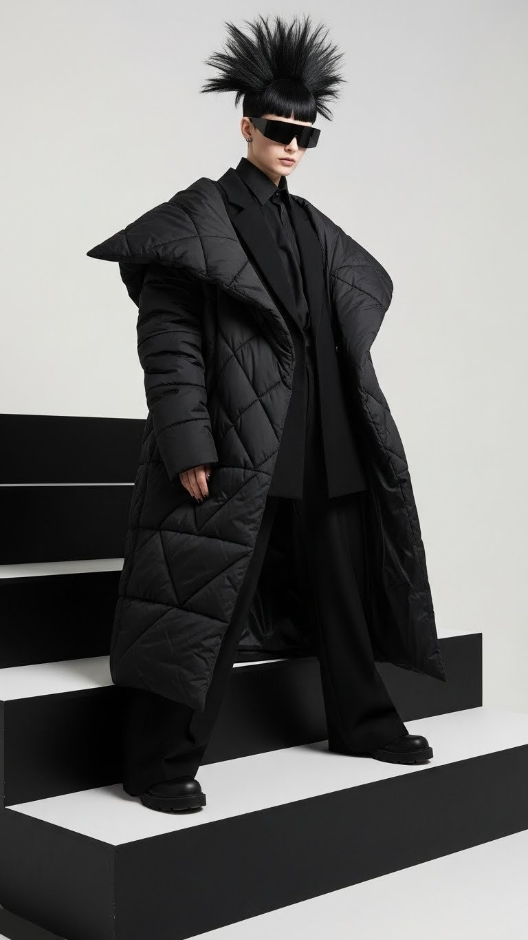 Avant-garde goth winter outfit: structured black puffer coat, exaggerated shoulders, minimalist style, futuristic eyewear, geometric setting.