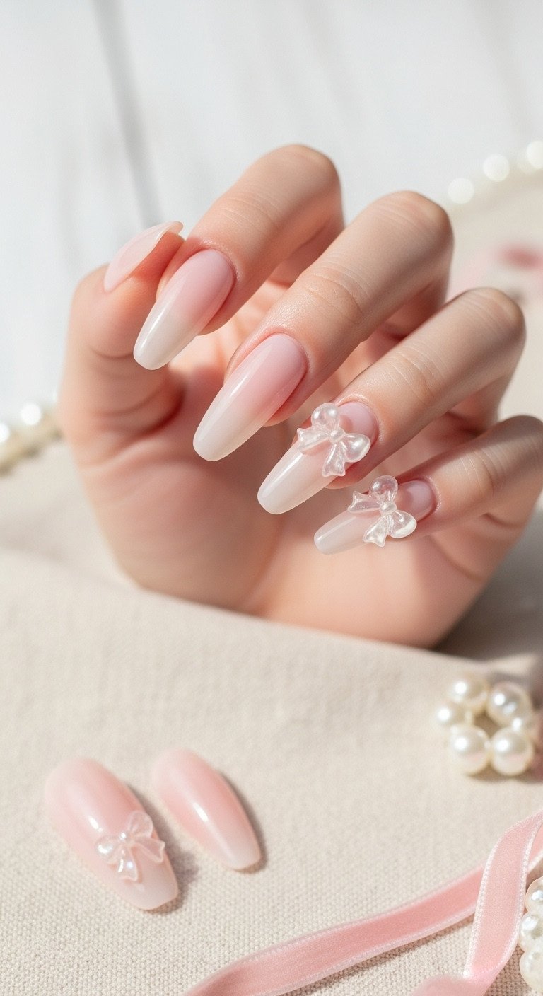 Balletcore sheer pink gel nails on long oval nails with dainty pearlized resin bow charms, soft linen, blurred wood, pearl beads.