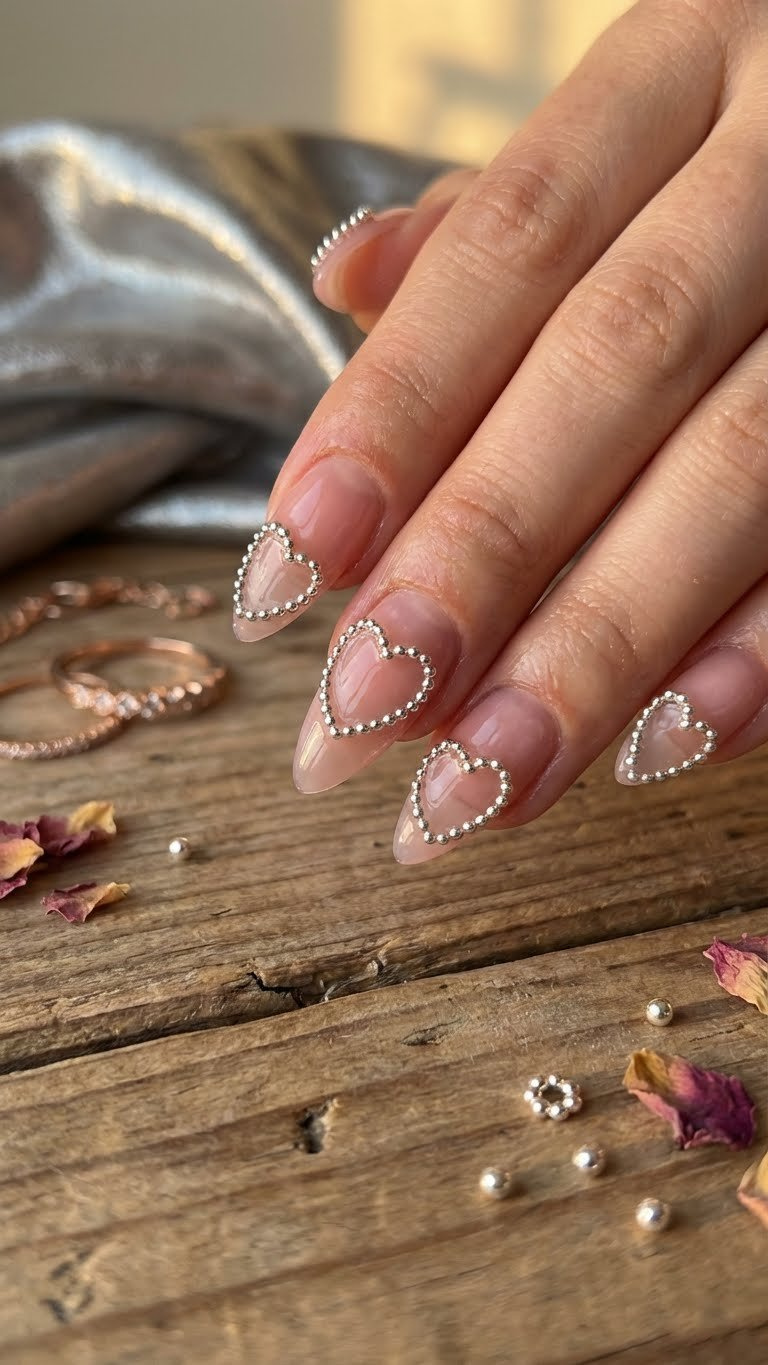 Bedazzled y2k Valentine nails: stiletto, jelly pink with silver caviar bead heart outline, on rustic wood.