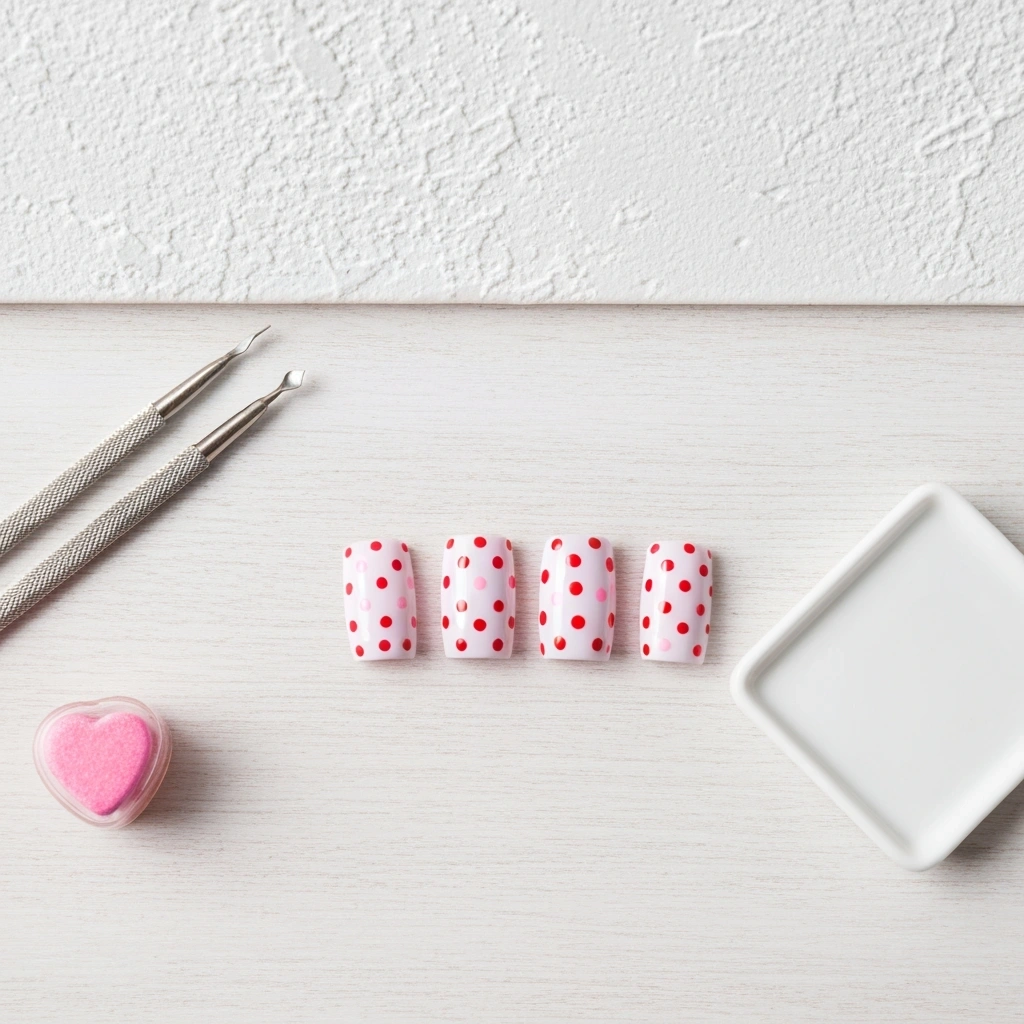 Beginner-friendly Valentine nails: short square white nails with cute red and pink polka dot art, flat lay shot.