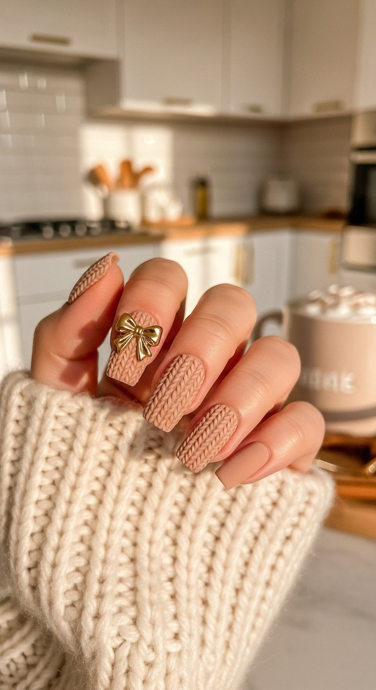 Beige sweater texture nails with a glossy gold bow accent. Matte knitwear pattern with metallic shine contrast, cozy winter manicure.