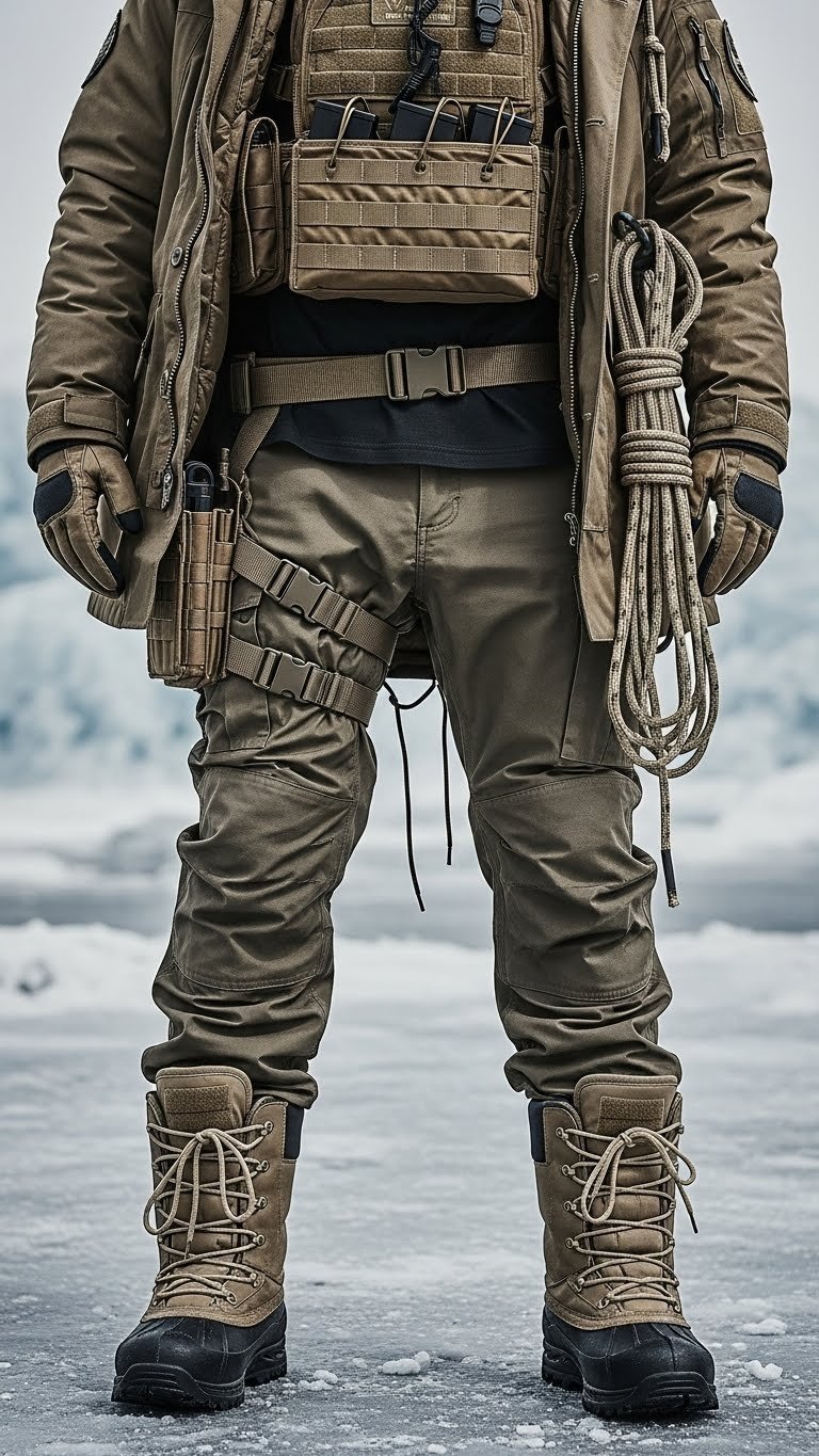 Below zero survivalist: heavily bundled figure in tactical gear, heavy parka, snow boots, rugged aesthetic in frozen wasteland.