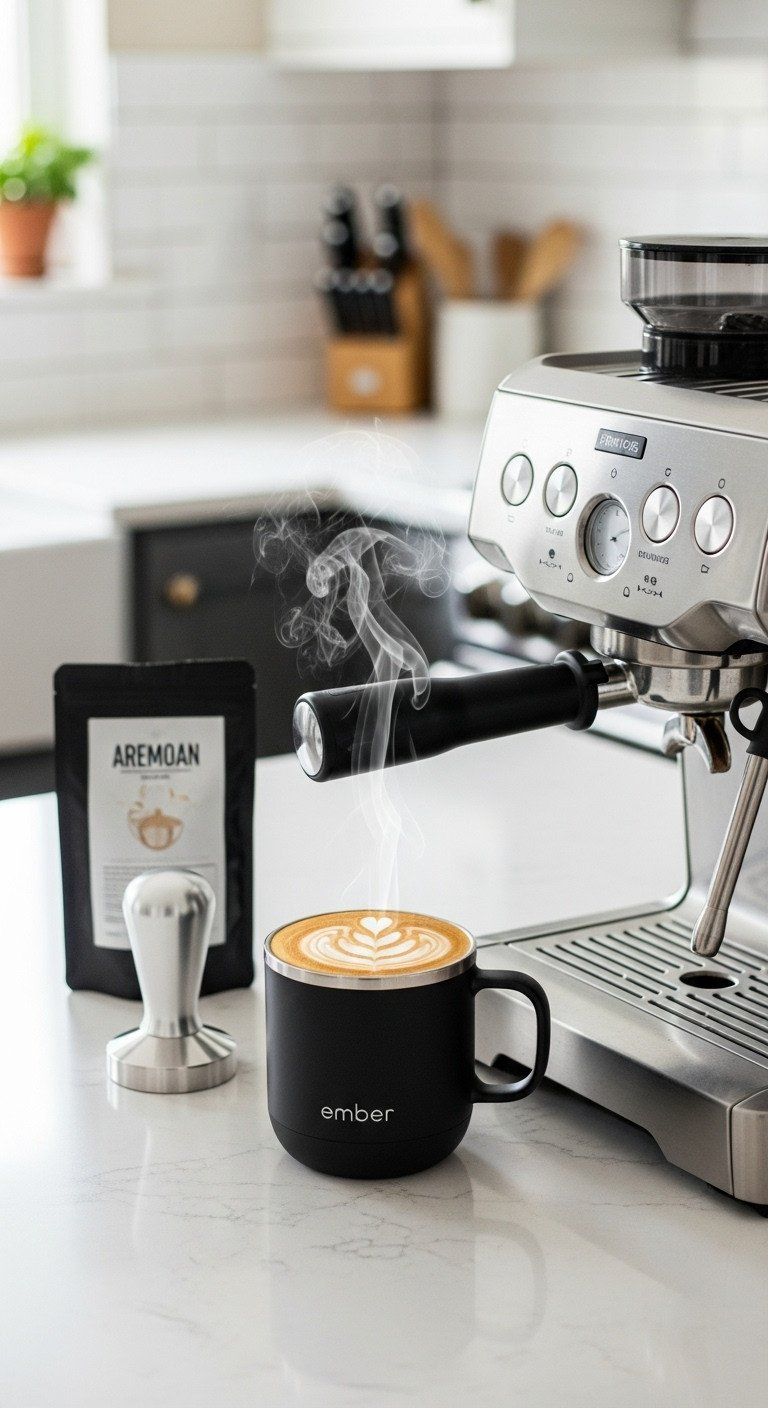 Black Ember Smart Mug 2 with steaming latte art on a modern white quartz countertop next to a high-end coffee maker.