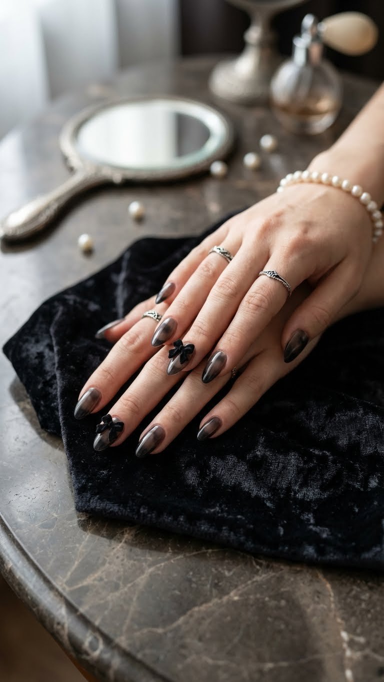 Black coquette almond nails: sheer black polish with delicate 3D black bows. Dark feminine aesthetic, elegant detail.