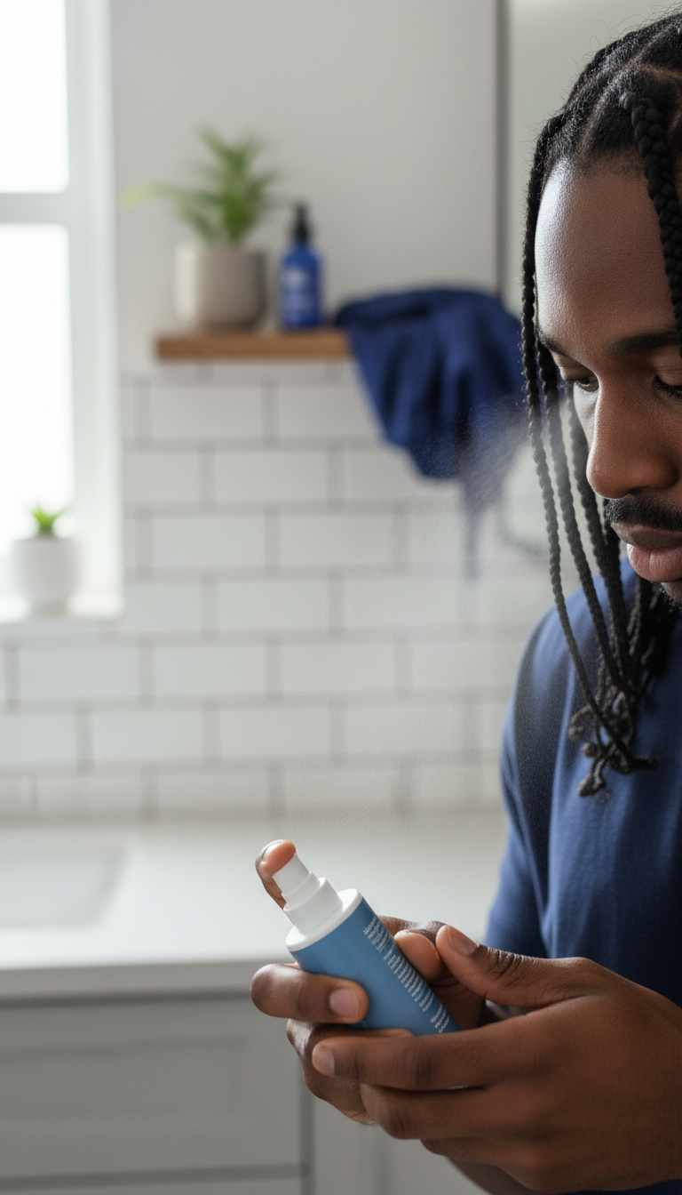 Black man spraying moisturizing braid spray on scalp and braids, demonstrating routine moisture application for men's winter hair care.