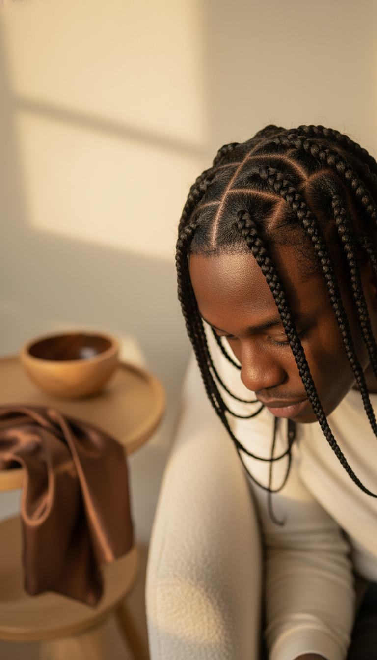 Black man wearing classic medium box braids with uniform size and clean square partings, ideal for durable men's protective styling.