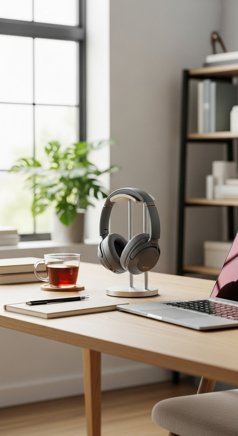 Black over-ear noise-canceling headphones on a stand next to a laptop on a minimalist oak wood home office desk.