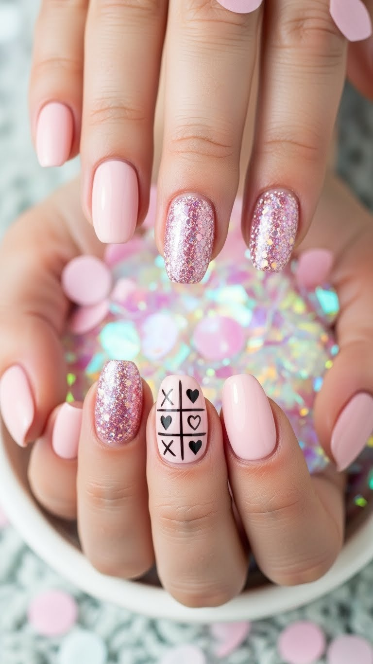 Blush pink oval nails with holographic glitter tic tac toe accent, white grid, X's, hearts. Elegant manicure on white ceramic.