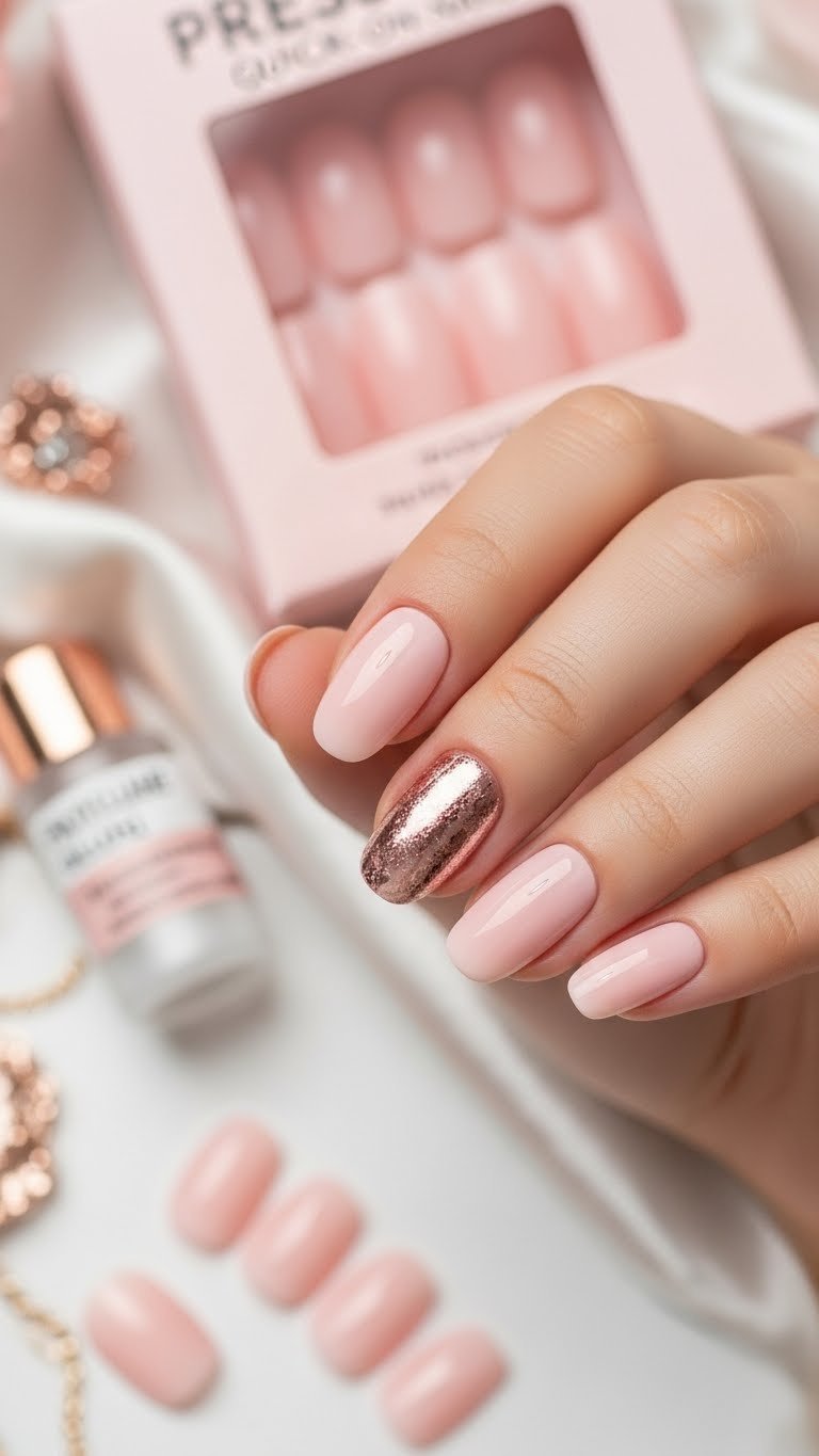 Blush pink press-on oval nails with a shimmering rose gold accent, on velvet with nail glue, box. Quick & convenient nail art.