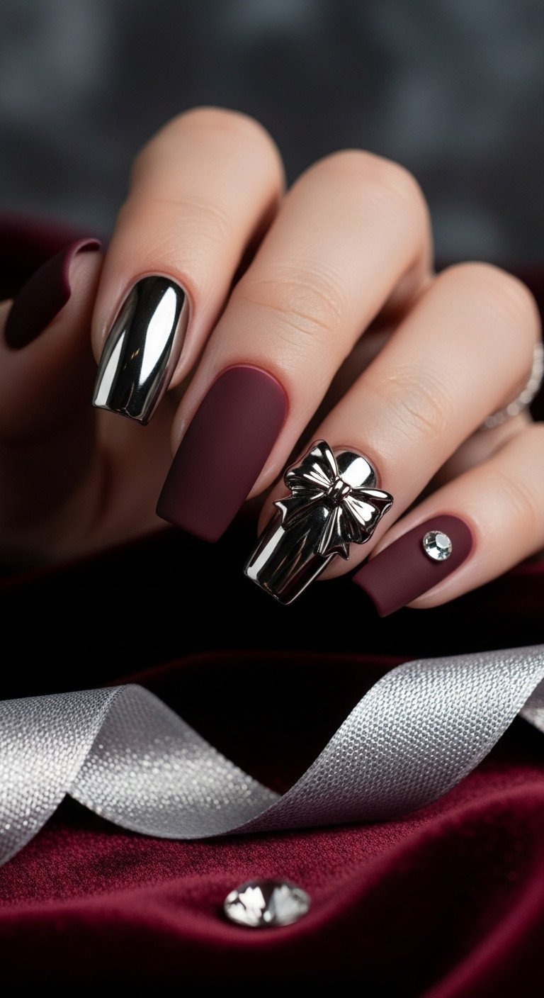 Bold chrome silver bow nail art on matte deep burgundy nails, showing metallic mirror effect, with silver ribbon and rhinestone.