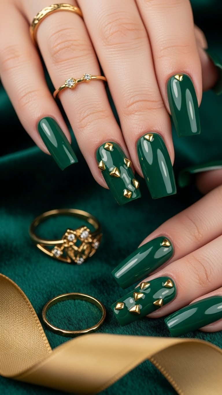 Bold long square Valentine nails: emerald green with sculpted 3D gold elements, vibrant jewel tone on green velvet.