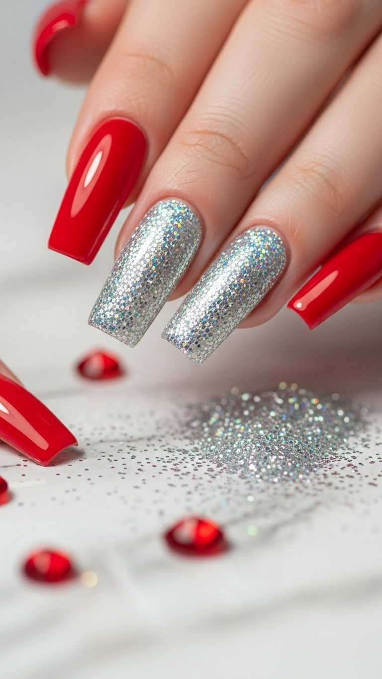 Bold long square acrylic nails with a vibrant red to holographic silver glitter gradient, on marble with scattered jewels.