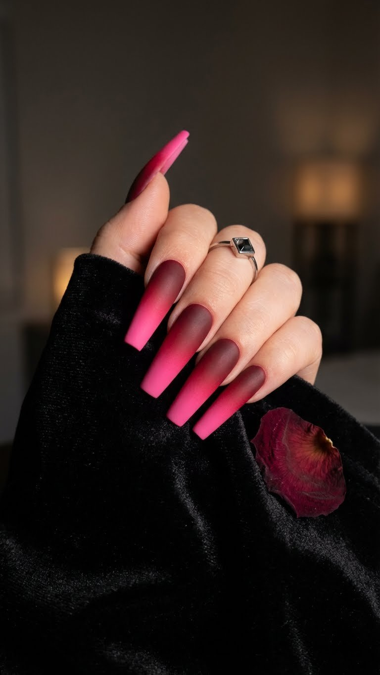 Bold matte burgundy and hot pink ombre on long coffin acrylic nails. Dramatic look on black velvet with geometric jewelry.